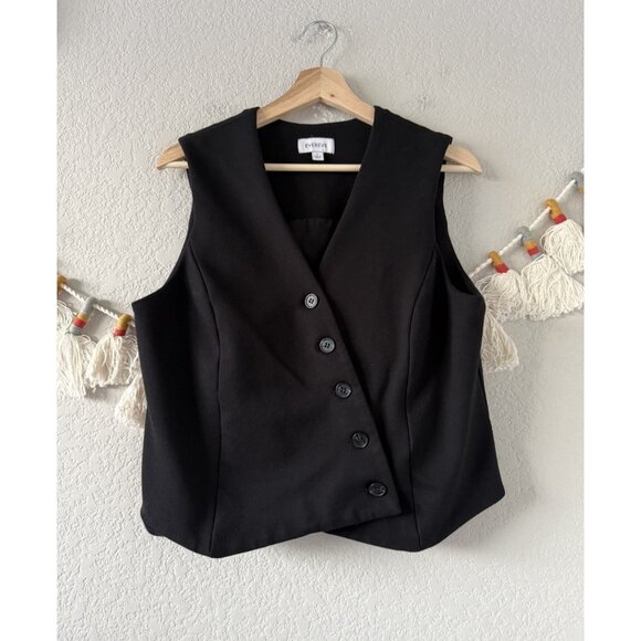 Evereve Cora Asymmetrical Black Sleeveless Vest Minimalist Academia Preppy L - Picture 1 of 7